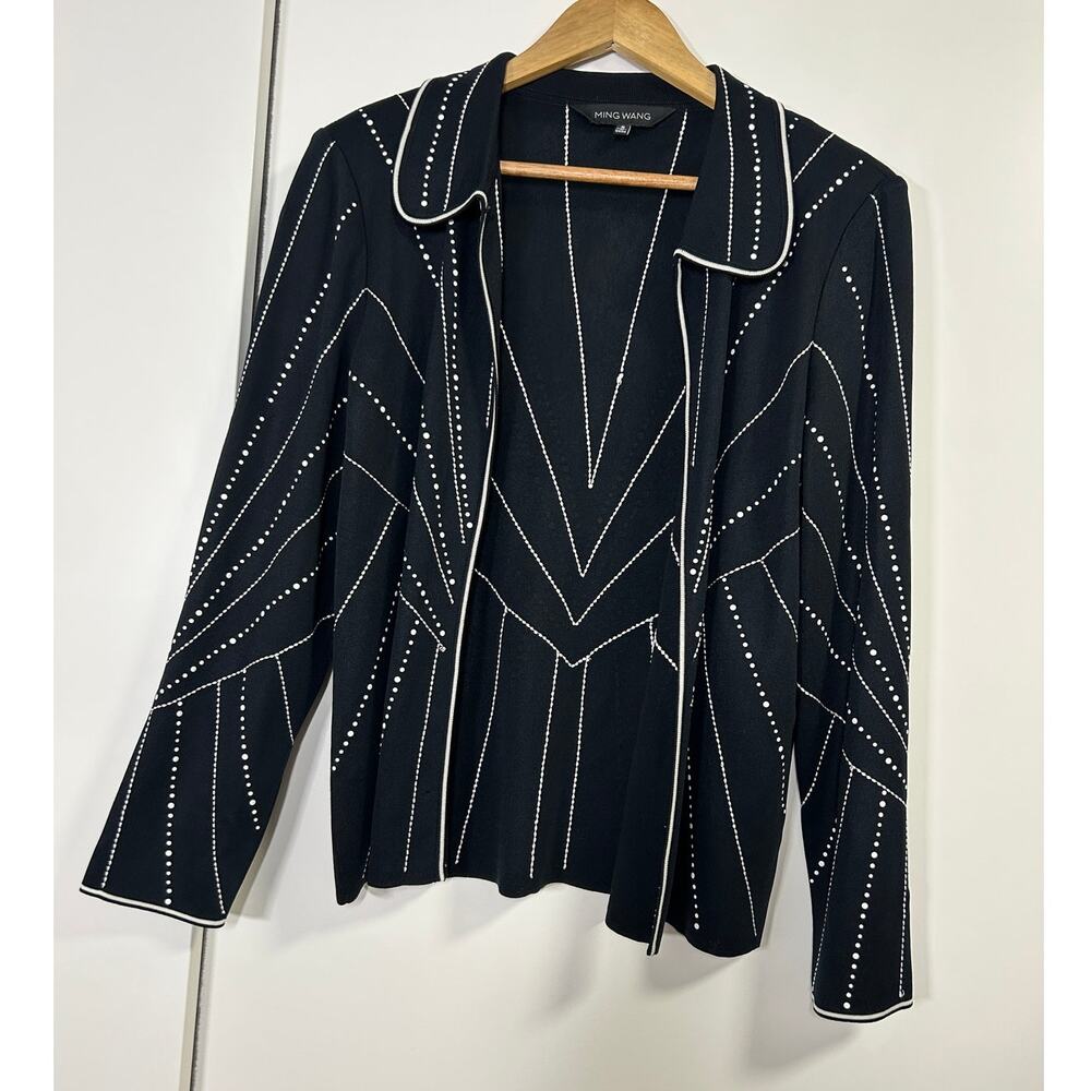 Ming Wang Black Knit Hook Front Jacket S‎ Geometric Dots Classic